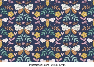 COLORFUL BUTTRTFLY, MOTH, CRITTERS, BEEETLE, LEAVES AND FLORA AND FAUNA NATURE SEAMLESS PATTERN IN EDITABLE FILE