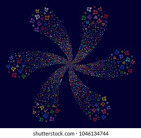 Colorful Buzzer curl flower with six petals on a dark background. Psychedelic cluster combined from random buzzer symbols.