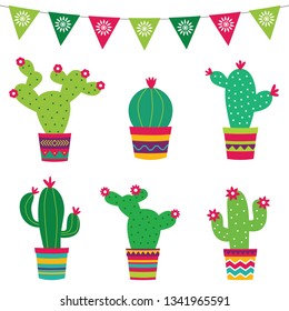 Colorful cacti flowers vector set