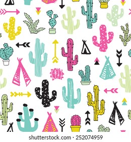 Colorful cacti indian summer teepee and arrow cactus illustration theme background pattern in vector