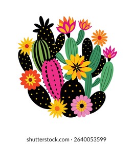 Colorful cactus and flowers in a vibrant and playful illustration