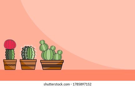 There’re colorful cactus in harden clay pots on the left corner. There’s copy space for your text on the right. 