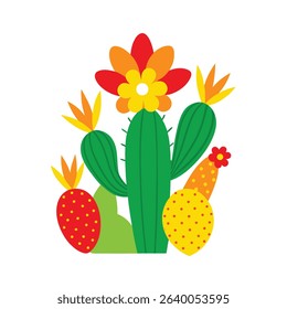 Colorful cactus illustration with flowers and prickly pear fruit