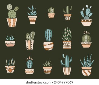 Colorful cactus and other houseplants vector clip art set, hand drawn silhouettes, decorative elements, isolated