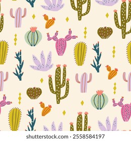 Colorful cactus pattern in freehand style with unique hand-drawn elements. Vector hand drawn surface design