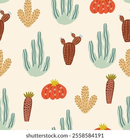 Colorful cactus pattern on beige background, featuring hand-drawn desert plants. Vector hand drawn surface design in freehand style