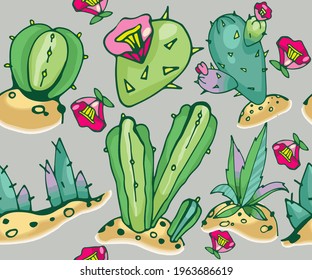 Colorful cactus pattern on a light vintage background. Suitable for fabric print. wallpaper, wrapping paper.