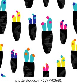 Colorful Cactus Plants in Long Black Pots Vector Seamless Pattern