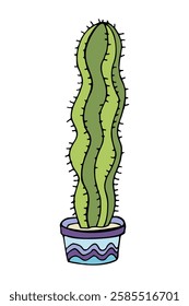 Colorful Cactus in a pot in doodle style isolated on a white background. Flowers in the desert. Vector illustration. Perfect for coloring book, greeting card, print.