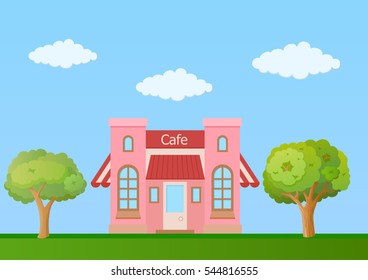Colorful  cafe front view on nature background, vector illustration
