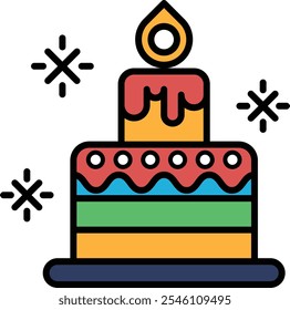 A colorful cake with a candle on top, symbolizing a birthday celebration. The cake is decorated with a variety of colors, making it look festive and joyful