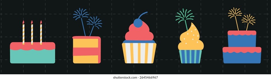 Bolo colorido e ícones de bolinho com velas e decorações. Bolos e bolinhos festivos em cores vibrantes. Perfeito para temas de aniversário e comemoração. Ilustrações de festa, conjunto de vetores isolados.
