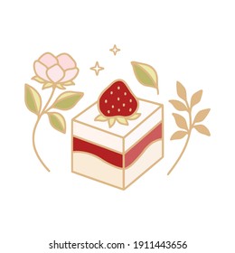 Colorful cake, cute pastry, bakery, food elements with strawberry, florals and leaf branch for icon, symbol, thank you card decoration, clipart, and logo design in cartoon style