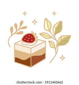 Colorful cake, cute pastry, bakery, food elements with strawberry, florals and leaf branch for icon, symbol, thank you card decoration, clipart, and logo design in cartoon style