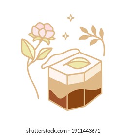 Colorful cake, cute pastry, bakery, food elements with strawberry, florals and leaf branch for icon, symbol, thank you card decoration, clipart, and logo design in cartoon style
