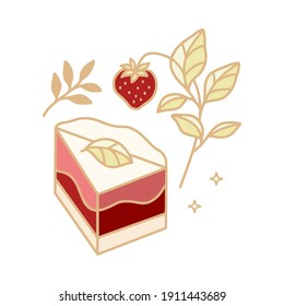 Colorful cake, cute pastry, bakery, food elements with strawberry, florals and leaf branch for icon, symbol, thank you card decoration, clipart, and logo design in cartoon style