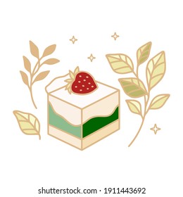 Colorful cake, cute pastry, bakery, food elements with strawberry, florals and leaf branch for icon, symbol, thank you card decoration, clipart, and logo design in cartoon style