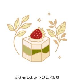 Colorful cake, cute pastry, bakery, food elements with strawberry, florals and leaf branch for icon, symbol, thank you card decoration, clipart, and logo design in cartoon style