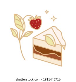 Colorful cake, cute pastry, bakery, food elements with strawberry, florals and leaf branch for icon, symbol, thank you card decoration, clipart, and logo design in cartoon style