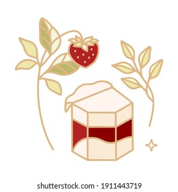 Colorful cake, cute pastry, bakery, food elements with strawberry, florals and leaf branch for icon, symbol, thank you card decoration, clipart, and logo design in cartoon style