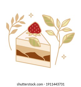 Colorful cake, cute pastry, bakery, food elements with strawberry, florals and leaf branch for icon, symbol, thank you card decoration, clipart, and logo design in cartoon style