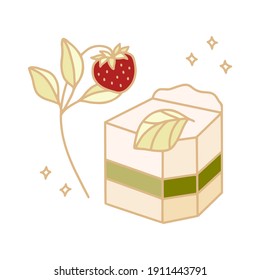 Colorful cake, cute pastry, bakery, food elements with strawberry, florals and leaf branch for icon, symbol, thank you card decoration, clipart, and logo design in cartoon style