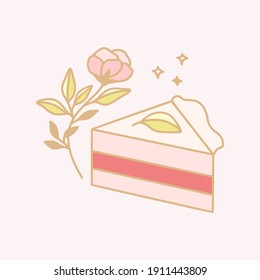Colorful cake, cute pastry, bakery, food elements with strawberry, florals and leaf branch for icon, symbol, thank you card decoration, clipart, and logo design in cartoon style
