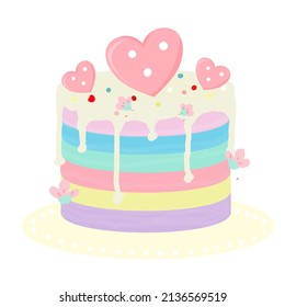 Colorful cake decorated with hearts, clouds, candy and flowers.