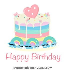 Colorful cake decorated with hearts, clouds, candy and flowers.