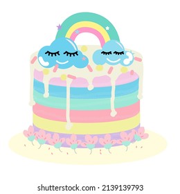 Colorful cake decorated with hearts, clouds, candy and flowers.