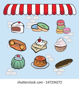 colorful cake, donuts, macaroon, and other desserts on bright color brick wall and red roof