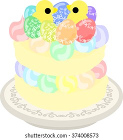 The colorful cake with Easter eggs and little birds.
