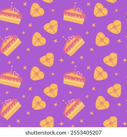 Colorful cake and heart pattern on vibrant purple background.