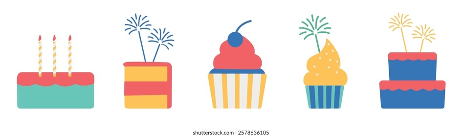 Colorful cake icons featuring candles, sparklers, and cupcakes. Bright cake designs with candles and sparklers. Fun cupcake and cake illustrations. Party illustrations, isolated element vector set.