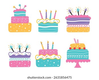 Colorful cake set isolated in white background, Colorful clipart cake set.