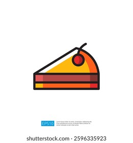 Colorful Cake Slice Icon with Cherry on Top Created Using Geometric Shapes and Bold Lines