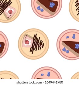 Colorful cake slices with berries and icing in plates seamless pattern. Vector backround texture tile wallpaper
