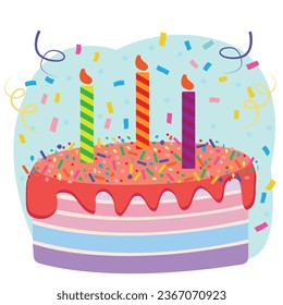 Colorful cake with three candles and sprinkles; isolated design for birthday celebration