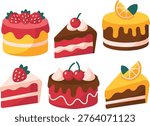 colorful cake vector set, strawberry chocolate orange desserts, sweet bakery illustration, layered cakes collection, modern flat design food icons