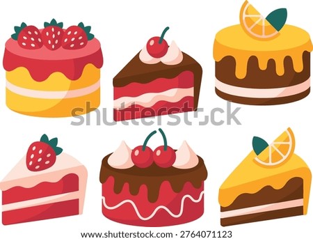 colorful cake vector set, strawberry chocolate orange desserts, sweet bakery illustration, layered cakes collection, modern flat design food icons