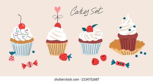 Colorful cakes, set. Tasty dessert. Vector illustrations in trendy flat style. Single isolated decor elements. Vector EPS clip art design.