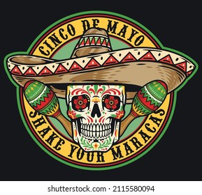 Colorful calavera with flowers instead of eyes wearing sombrero against round emblem with maracas, vector illustration