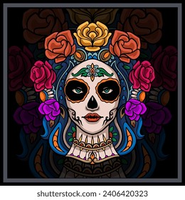 Colorful Calavera girl head mandala arts.