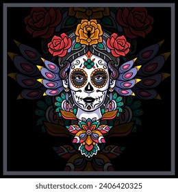 Colorful Calavera girl head mandala arts.