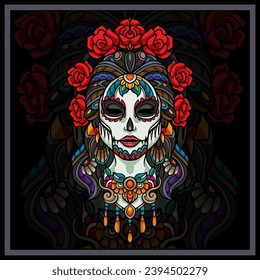 Colorful Calavera girl mandala arts