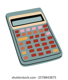 A colorful calculator with a pink and orange keypad. The calculator is on a white background. The calculator is designed to be fun and playful, with bright colors and a whimsical appearance