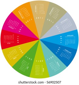colorful calendar for 2011. Circular design. Week starts on Sunday