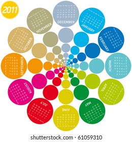 colorful calendar for 2011. Circular design. Week starts on Sunday