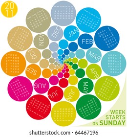 colorful calendar for 2011. Circular design. Week starts on Sunday
