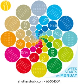 colorful calendar for 2011. Circular design. Week starts on Monday